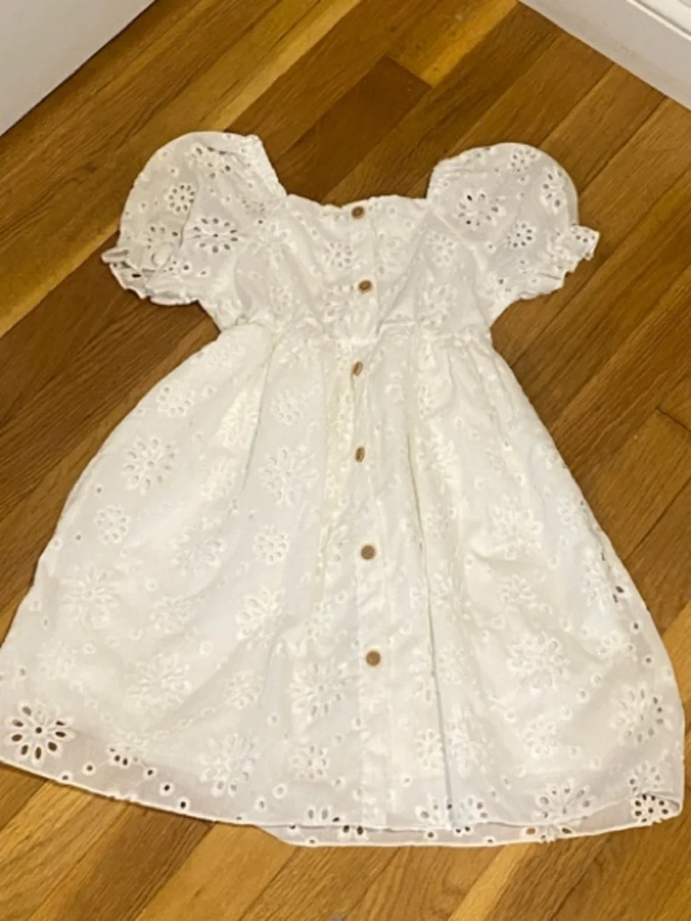 SHEIN White Eyelet Puff Sleeve Button-Front Dress